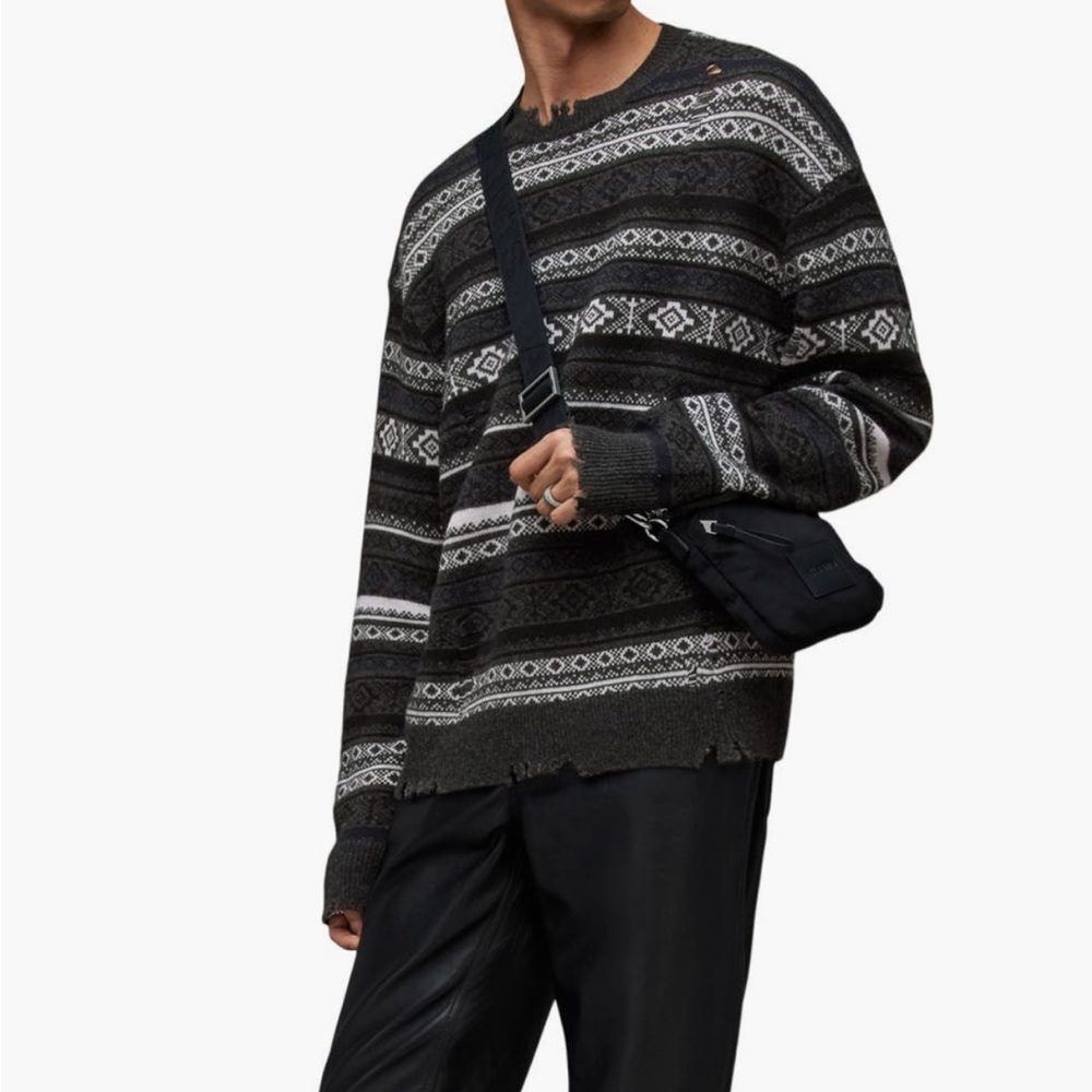 AllSaints Halldor Oversize Distressed Stripe Wool Blend Crewneck Sweater
